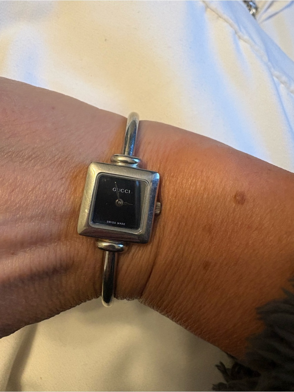 Gucci Silver Bangle Watch with Black Dial